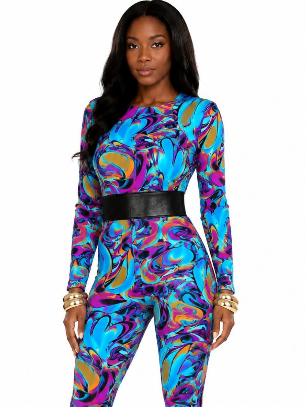 LECOIR Blue Multicolor Swirl Long-Sleeve Jumpsuit - Bodycon Bodysuit -Large NWOT - Picture 10 of 10